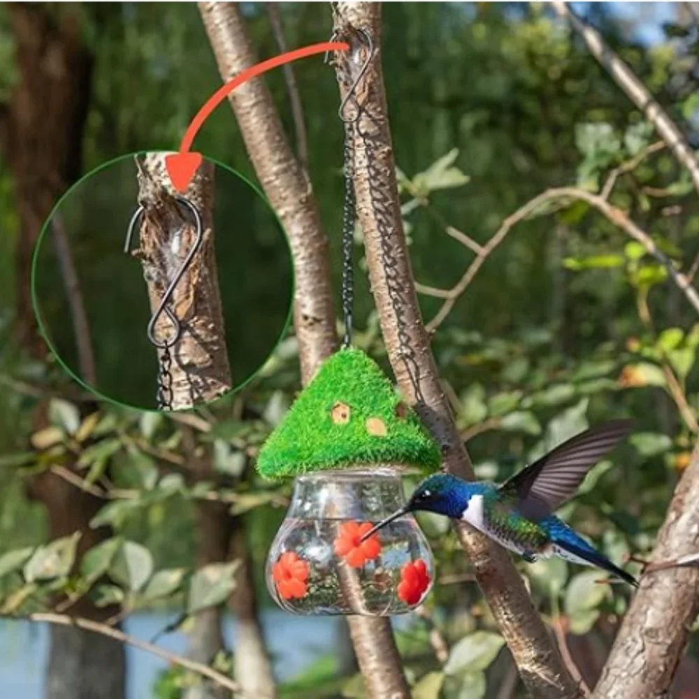 Hummingbird Feeder w/ Green Thatched Roof Style + 3 Red Petal Spouts